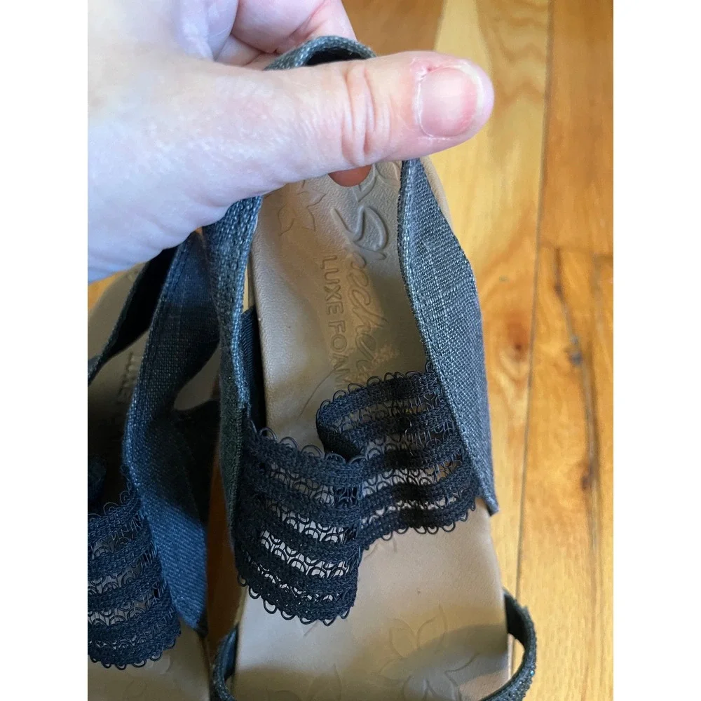 Skechers Beverlee‎ Luxe Foam Wedge Sandals Denim Black Sz 10 Cork Look Heel